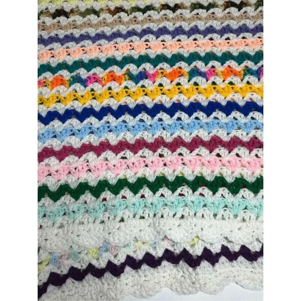 Vintage Crochet Afgan Blanket Zip Zag Multi Color